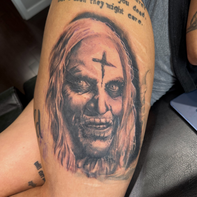 Super fun house of 1000 corpses Otis I finished up. This is a partial coverup, m… — tattoo by Tom Doyle, Phoenix, New York