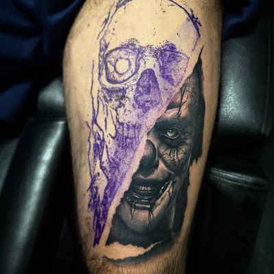 First sitting on this super fun and creepy clown skull. That’s for letting me do… — tattoo by Tom Doyle, Phoenix, New York
