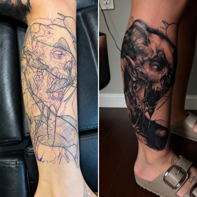 Another addition to the cover up horror leg sleeve. See ya later sea creatures! … — tattoo by Tom Doyle, Phoenix, New York