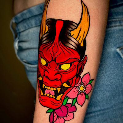 👹🌸
Dm to book or fill out link in bio 🤞🏽🔥
•
•
• @hurtclubco 🩷💚 @crybabyta… — tattoo by Joel Soria, Tucson, Arizona