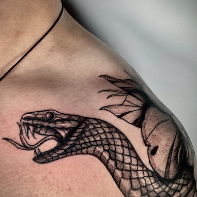 Coil and Bloom. 🐍🌹
•
•
•
•
• @hurtclubco 🩷💚 @crybabytattooproducts 🩷 and @d… — tattoo by Joel Soria, Tucson, Arizona
