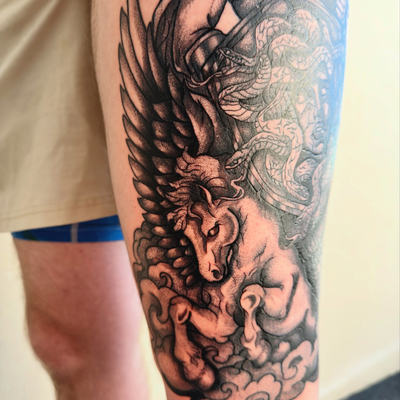 You have wise eyes… Athena’s eyes…
A story written in myth, told in black & grey… — tattoo by Joel Soria, Tucson, Arizona