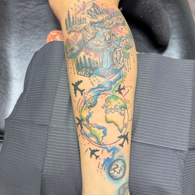 Watercolor and abstract vibes for this travel junkie ❤️ — tattoo by Celtae Flint, Albany, New York