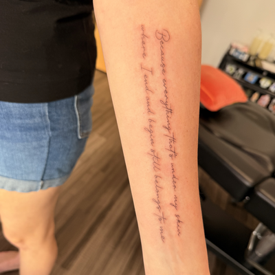 Fineline lettering first session! (All fineline ends up getting touched up at le… — tattoo by Celtae Flint, Albany, New York