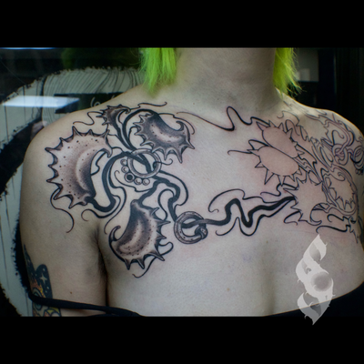 session one in this Venus flytrap chest piece.
#blackandgrey #nashvilletattooart… — tattoo by Amanda Stampfly, Nashville, Tennessee