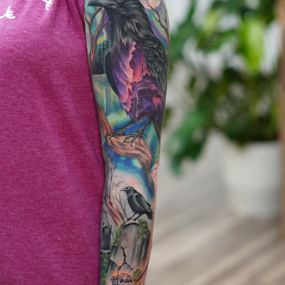 Edgar Allen Poe inspired arm piece #color #colorrealism

DM or call 217-418-3932… — tattoo by Bryan  Hernandez Rodriguez, Shelton, Connecticut