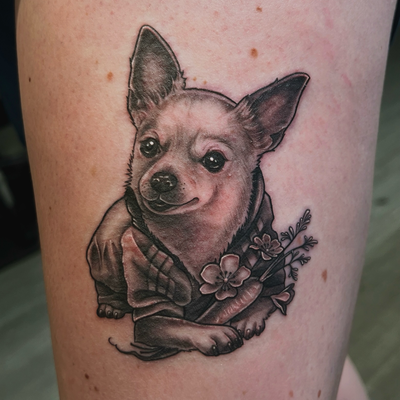 Memorial portrait of Apollo 🌈🥕
Thank you so much Krystal! — tattoo by Sara Haroun, Toronto, Ontario