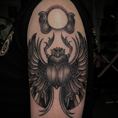 Scarab for Hunter! 🪲 Thank you so much for choosing me to do this tattoo for yo… — tattoo by Sara Haroun, Toronto, Ontario